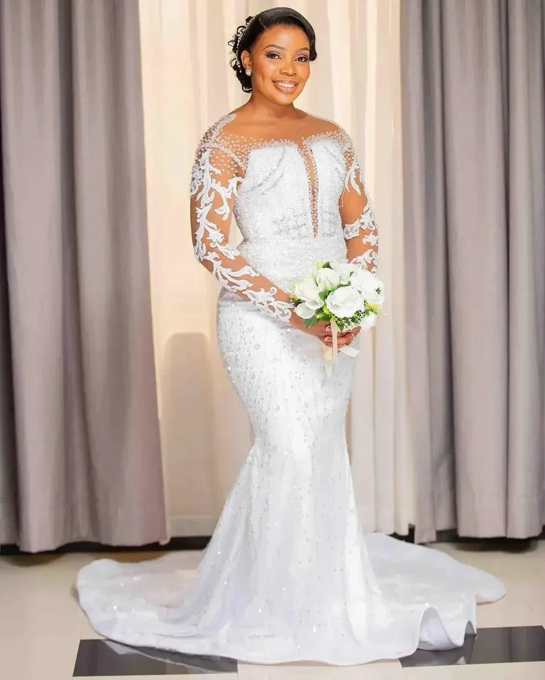 Luxurious Wedding Dress Sheer Neck Long Illusion Sleeves Crystal Sequins Bride Bridal Gowns Robe Mariage Vestidos De Noiva