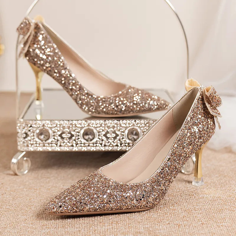 Gold silver sequins slip on pointed toe women autumn thin heeled high heels party wedding shoes – Pollyanna Events