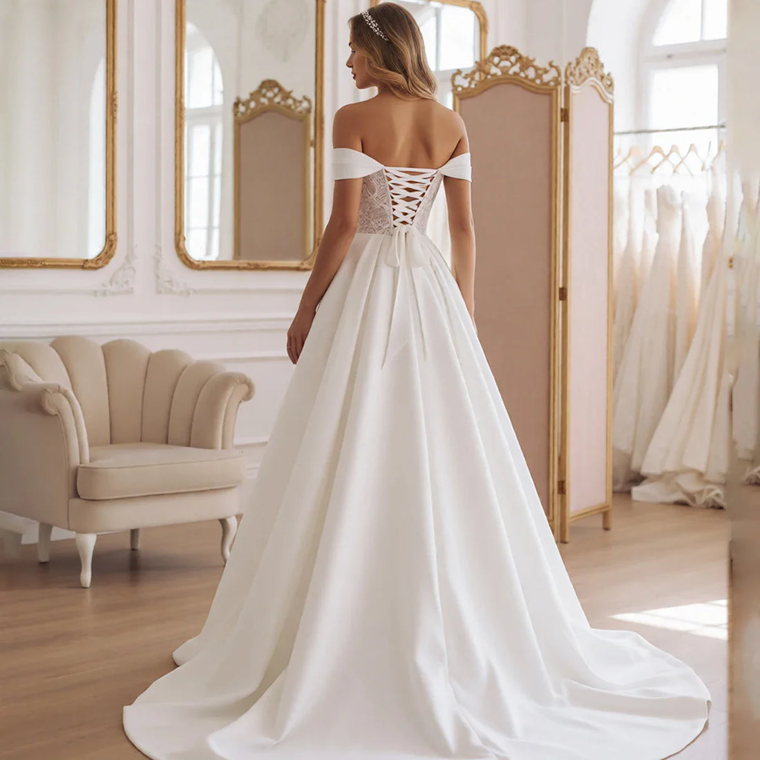 Elegant Satin Sweetheart Wedding Dress For Women Off Shoulder Long Ball Gown With Train A Line Lace Bridal Gown Vestidos Novia