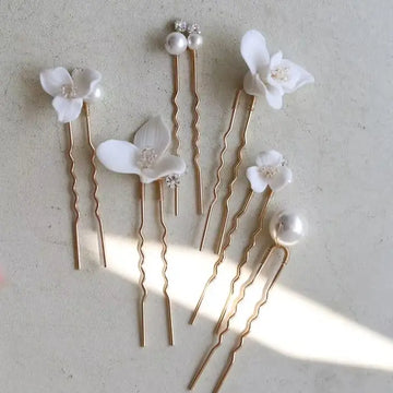Porcelain Flower Hairpin Gold Silver Color Hair Pin Clip Women Bride Crystal Pearl Head Piece Bridal Jewelry Wedding Accessories