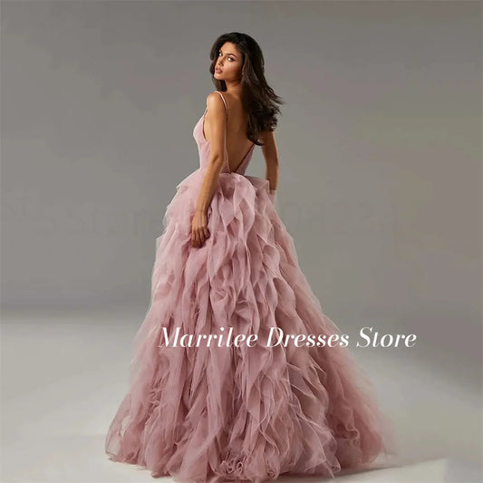 Marrilee Princess Pink Elegant Tiered Tulle Prom Dress Sexy Spaghetti Strap Sweetheart A-Line Backless Floor Length Evening Gown