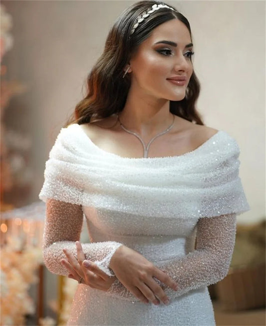 Vestido de noiva de sereia de luxo Sansa lantejas brilho de mangas compridas فسلان حفلاvens الزفاف lantejoulas brilhantes de soirée