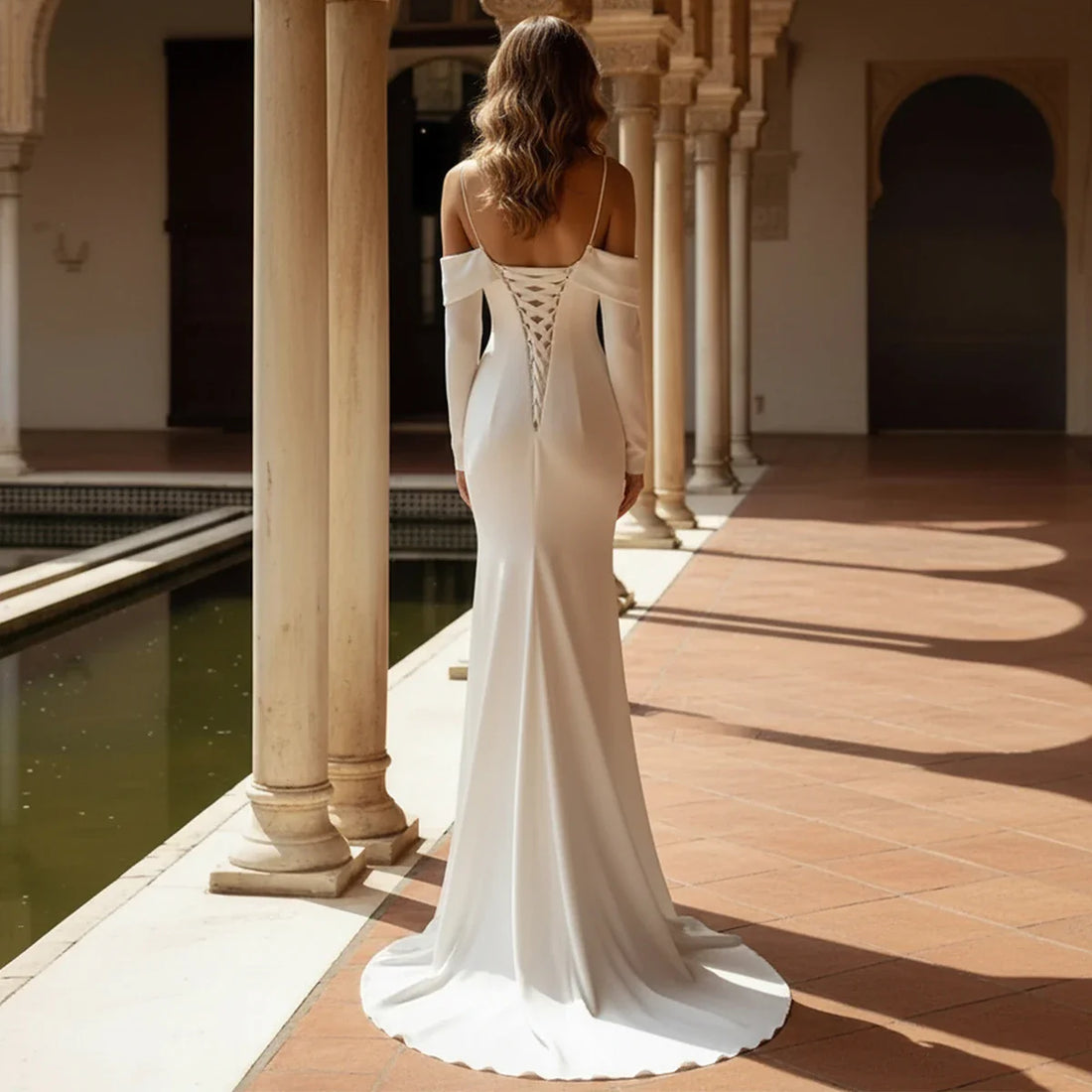 Elegant Satin Sheath Wedding Dresses 2026 Backless Long Sleeve Off Shoulder Mermaid Bridal Party Gown For Women Vestidos Novia