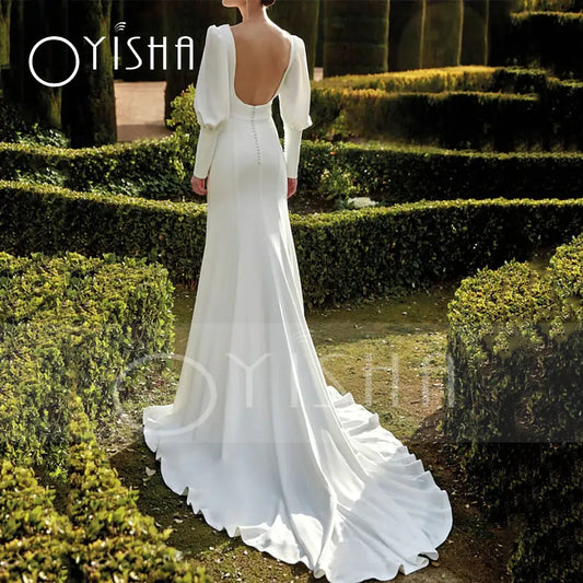 Oyisha elegantes vestidos de novia de satén trenes de barrido Mermaid de manga larga sexy profundo con cuello en V profundo con el frente dividido 2023 back sin espalda sin espalda