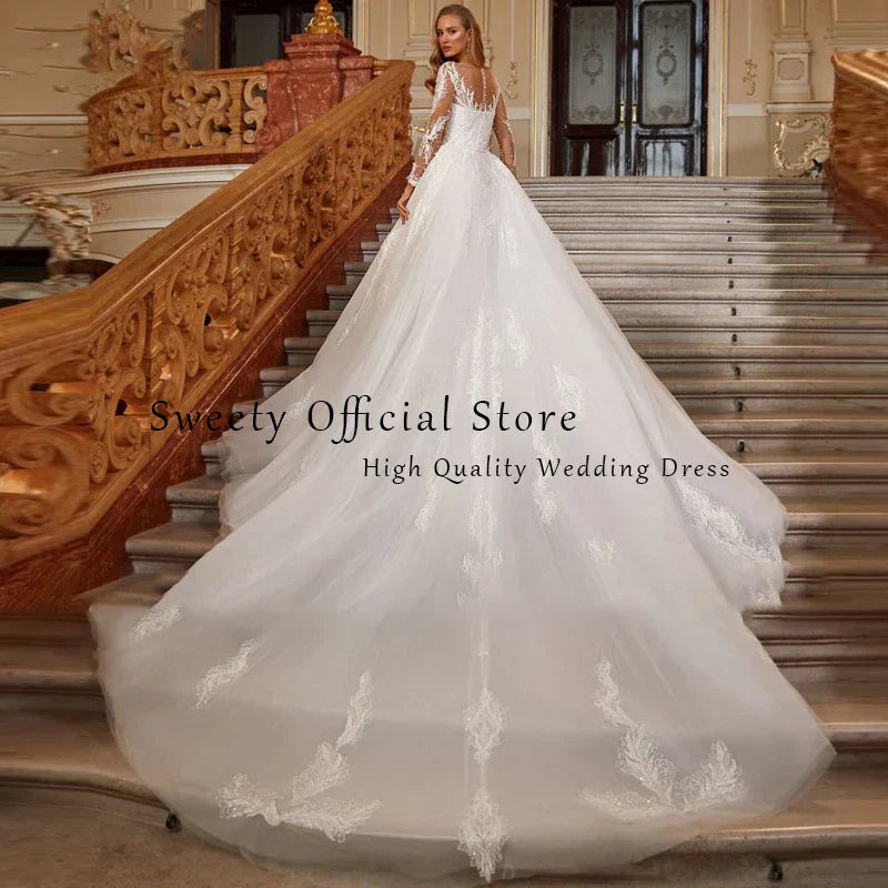 Detachable 2 In 1 Mermaid Wedding Dress Embroidered Lace On Net With Beading Ball Gown O-Neck Full Sleeve Bride Dress Robe De Ma