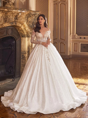 Класична сукня для весільної сукні з довгим рукавом з довгим рукавом іскричі блискітки весільні сукні розкішні аплікації довгі нареченого халат Vestido de novia