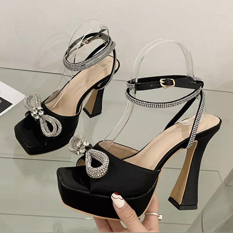 Liyke Fashion Runway Rhinestone Ankle Strap High Heels Women Sandals Crystal Bowknot Open Toe Platform Chunky Party Prom Shoes