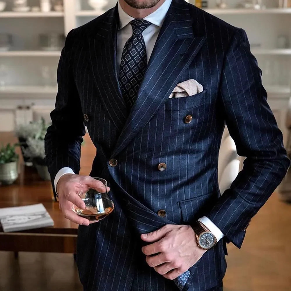 Navy blue striped peak lapel double breasted slim fit men wedding tuxedo blazer pants 2 piece – Pollyanna Events