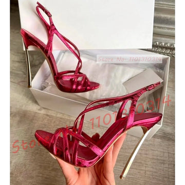 Red Metallic Metal Heels Sandals Women Slingback Cross Strap Luxury Shoes Female Summer Sexy Plus Size Banquet High Heels Shoes