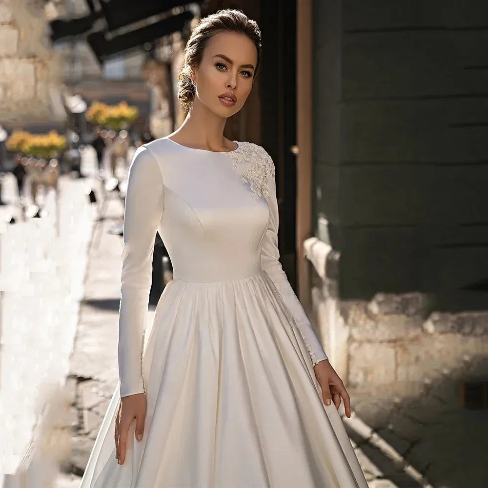 Elegant A-line Wedding Dress Scoop Long Sleeves Lace Sequin Applique Sweep Train Bridal Bride Gown Women vestidos de novia