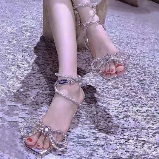 Rimosy yüksek topuklu gümüş kristal sandalet kadın stiletto topuklu ayak bileği kayış gladyatör ayakkabı kadın yaz 2024 pvc santalias mujer