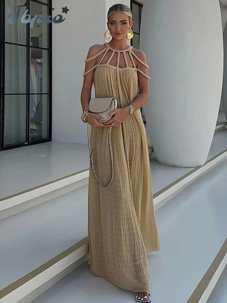 Solid Long Dresses For Women Loose Backless Chic Maxi Vestidos Fashion Beach Vacation Party Robe 2024 Summer