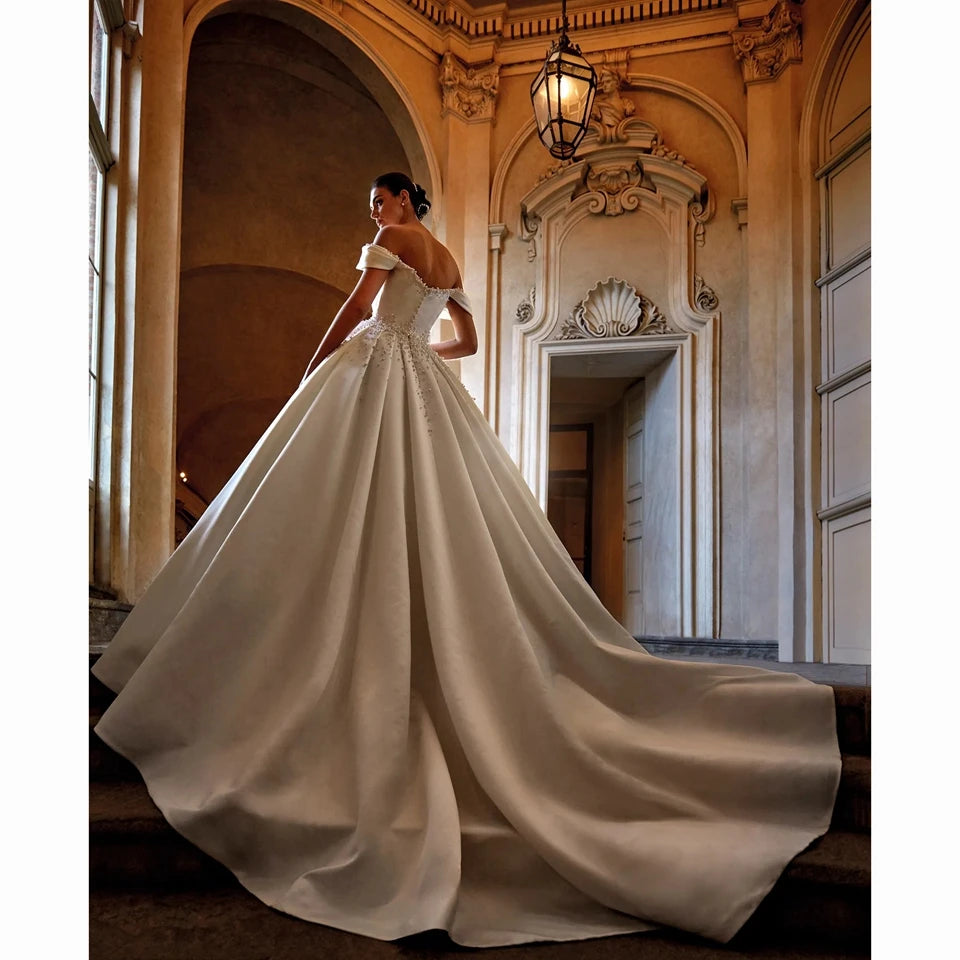 Customized White V Neck Pearls Ball Gown Wedding Dress Off The Shoulder Simple Satin Back Zipper Bridal Gown Vestido De Novia