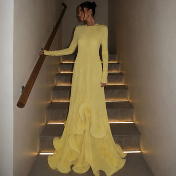 Modern Crew Neck Evening Dress Graceful Long Sleeves Ruched Celebrity Gowns High Quality Chiffon