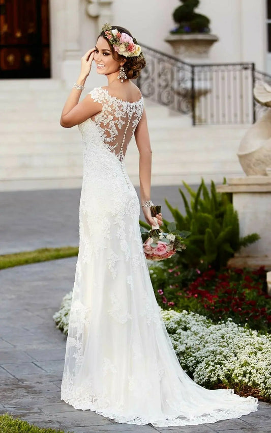 Vestido de noiva de noiva branco aplique de renda sexy sereia vestido de noiva longa vestido de noiva de cauda longa