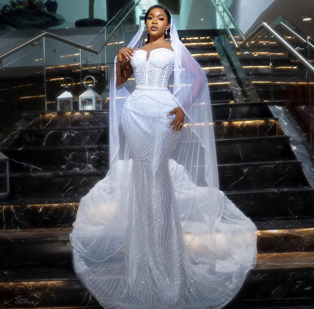 Exquisite Aso Ebi Mermaid Wedding Dress For Bride Bridal Gowns Illusion Beaded Lace Pearls Crystals Vestido De Noiva
