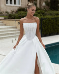 A-line beaded strapless detachable sleeves sequined side slit bridal gown wedding dress – Pollyanna Events