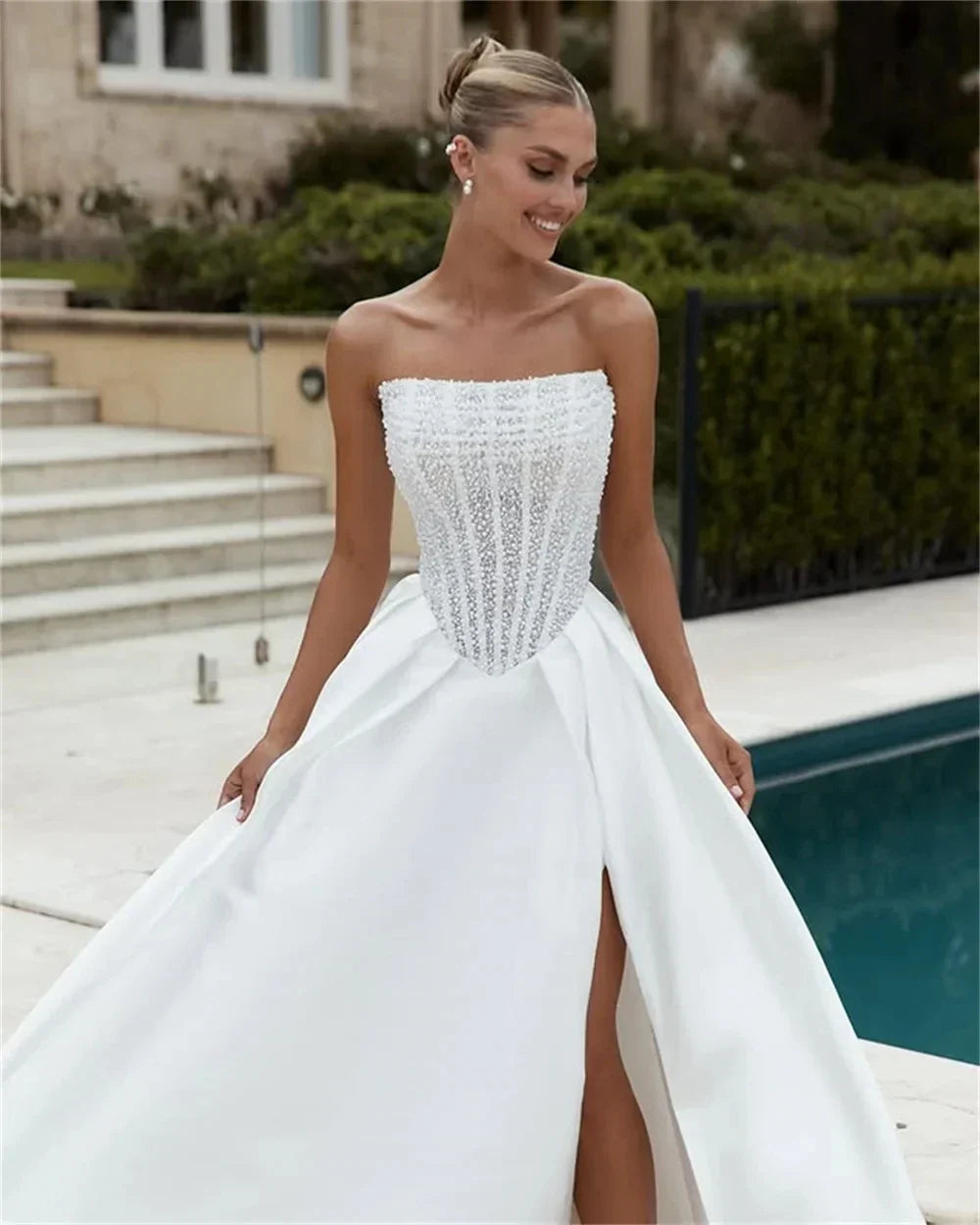 A-line beaded strapless detachable sleeves sequined side slit bridal gown wedding dress – Pollyanna Events