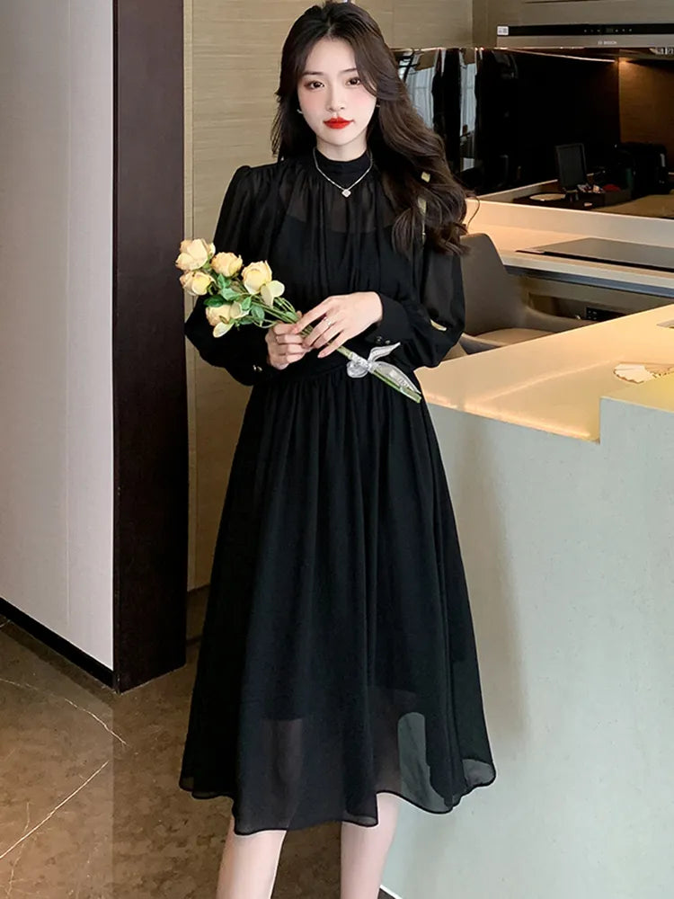 Жінки корейська старовинна сукня Hepburn Чорний шифоновий довгий рукав міді Сукня Весна Літня елегантна розкішна вечірка Вечірні сукні