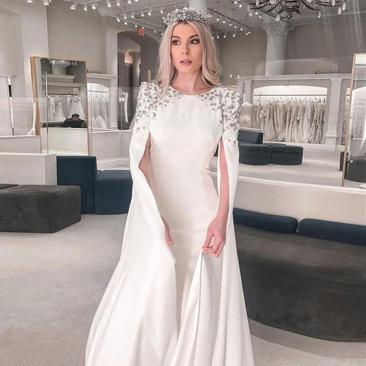 Elegant White Mermaid Dubai Evening Dress for Women Wedding Party Cape Sleeves Muslim Long Formal Dresses SS200