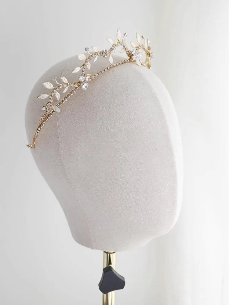 Vintage Gold Color Headband Headpiece Leaf Tiara Crown For Bride Women Crystal Headdress Wedding Accessories Bridal Hair Jewelry