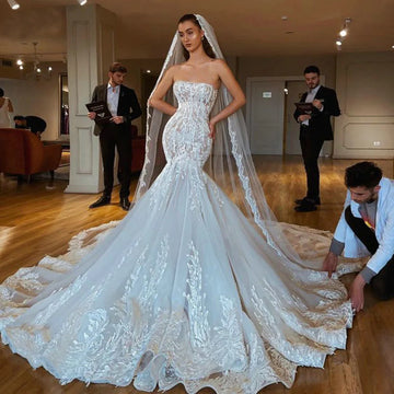 customized Luxury Lace Mermaid Wedding Dress Strapless Dubai Arabic Bridal Gowns Open Back Sleeveless Appliques Saudi Vestido