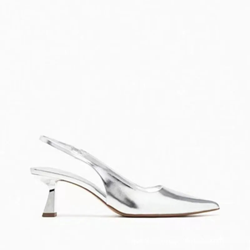 Women silvery pointed mules low heel slingback summer rear strap flat beach shoes fashion – Pollyanna Events