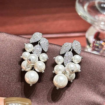 Leaf Pearl Zircon Bridal Earrings Silver Color Zirconia Wedding Earring For Brides Bridesmaids Accessories Women Gift Jewelry
