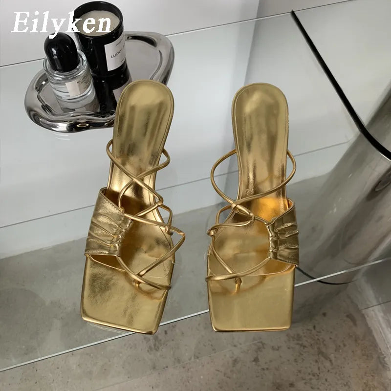 Gold narrow band women slipper female square pinch toe low heel slides sandal flip flops – Pollyanna Events