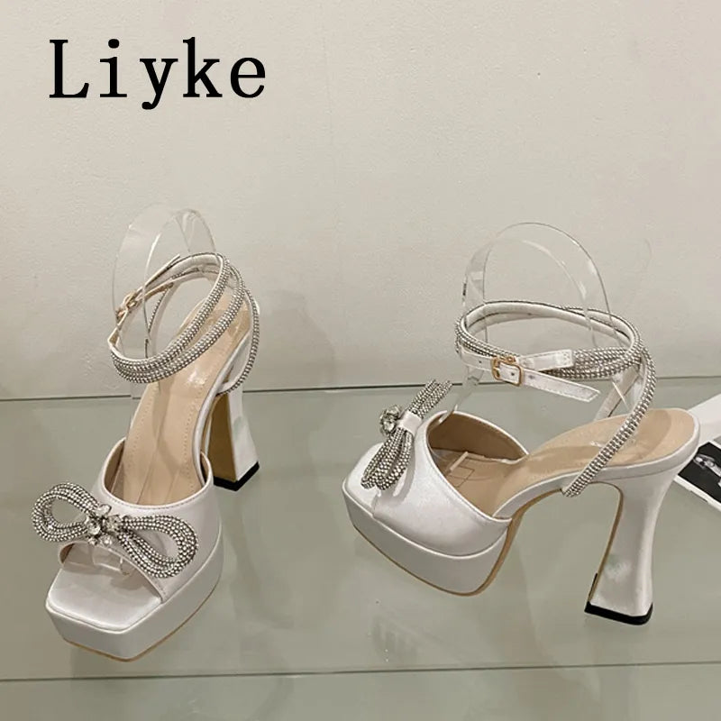 Crystal bowknot platform heels women sexy sandals open toe super high heels party wedding shoes black white – Pollyanna Events