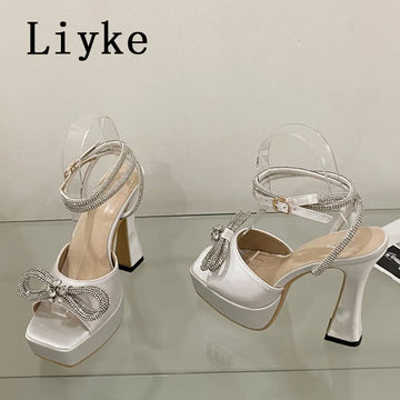 Liyke Super High Sexy Sandals Ladies 2024 Summer Open Toe Crystal Bowknot Platform Heels Party Wedding Shoes Women Black White