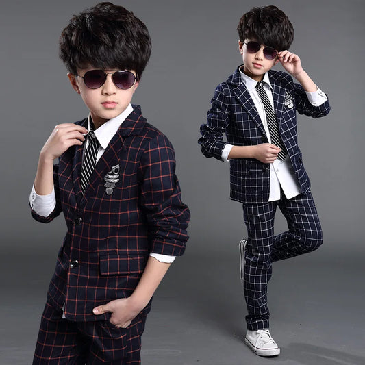 Formele jongen Pakken Engeland Plaid Boy Coat Pant 2pcs Gentleman Boys Party Draag kinderpak voor bruiloften Kostuum Garcon Mariage