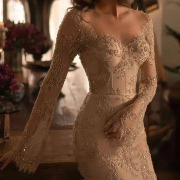 Customized Lace Champagne Mermaid Wedding Dresses for Women Long Sleeves robe de mariee Beading Bridal Gowns Vestido De Novia