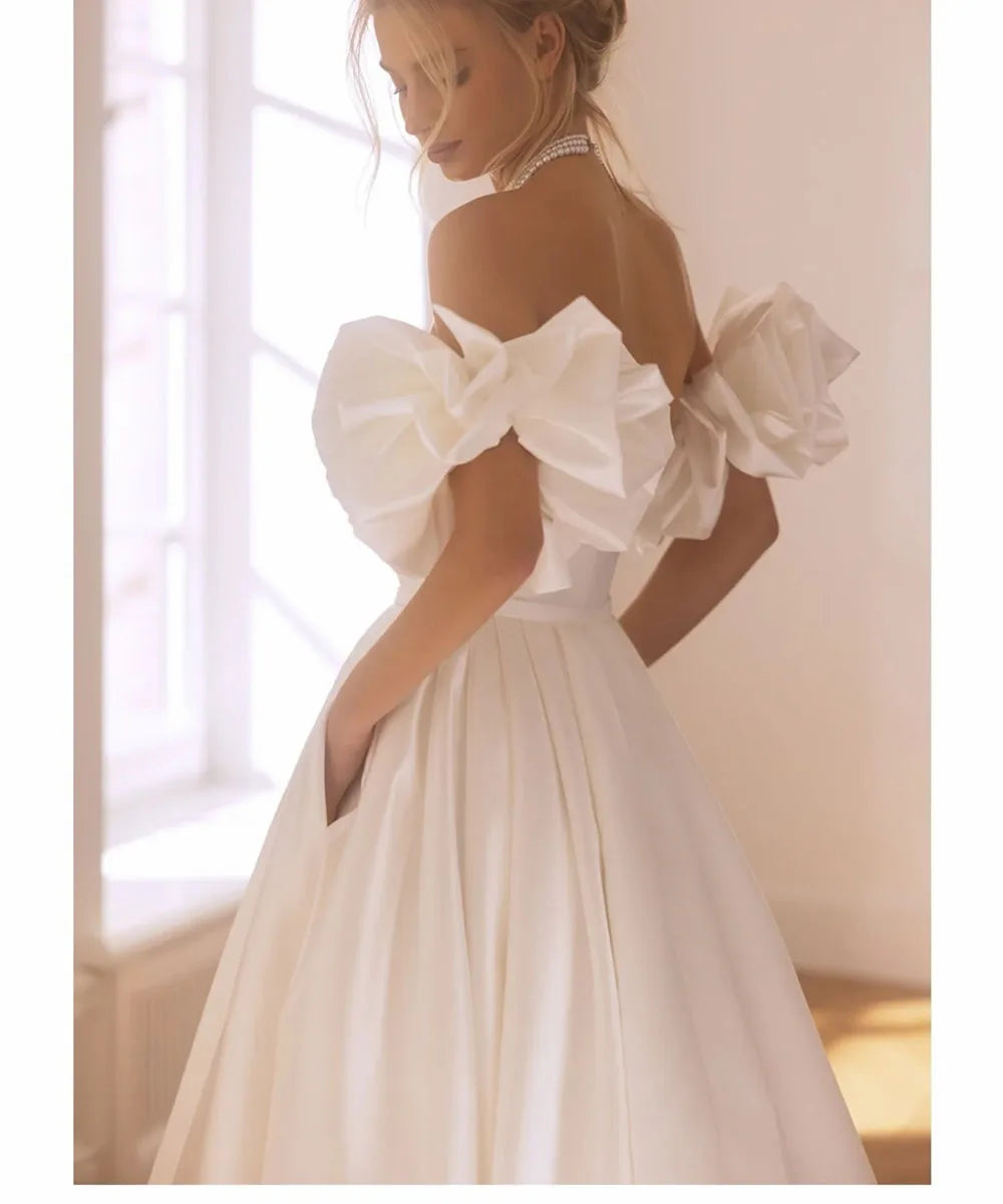 Satin A Line Wedding Dresses For Women Elegant Off Shoulder Bride Gowns Pleats Bridal Dress Pockets Customized Vestido De Novia