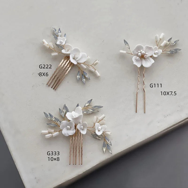 Bridal Jewelry Porcelain Flower Hair Combs Pins Clips Opal Hairpins Bride Bridesmaids Gold Color Head Pieces Wedding Accessories