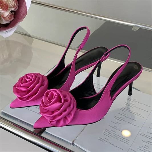 Eilyken Sexy Silk Slingback Pointed Toe Women Pumps Fashion Design Flowers Thin High Heels Banquet Prom Shoes