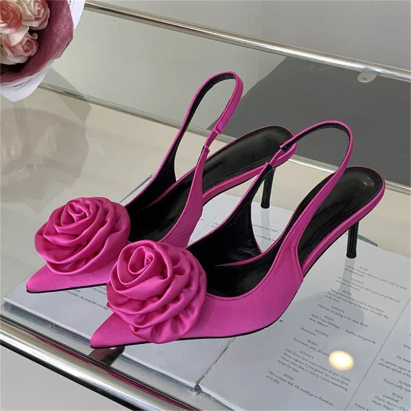 Silk slingback pointed toe women pumps fashion flower thin high heels banquet prom shoes – Pollyanna Events