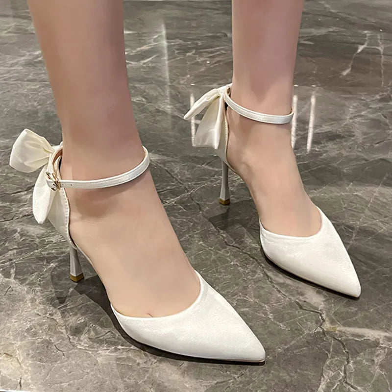 White elegant bowknot thin heels pumps women pointed toe ankle strap silk super high heels bride wedding shoes – Pollyanna Events