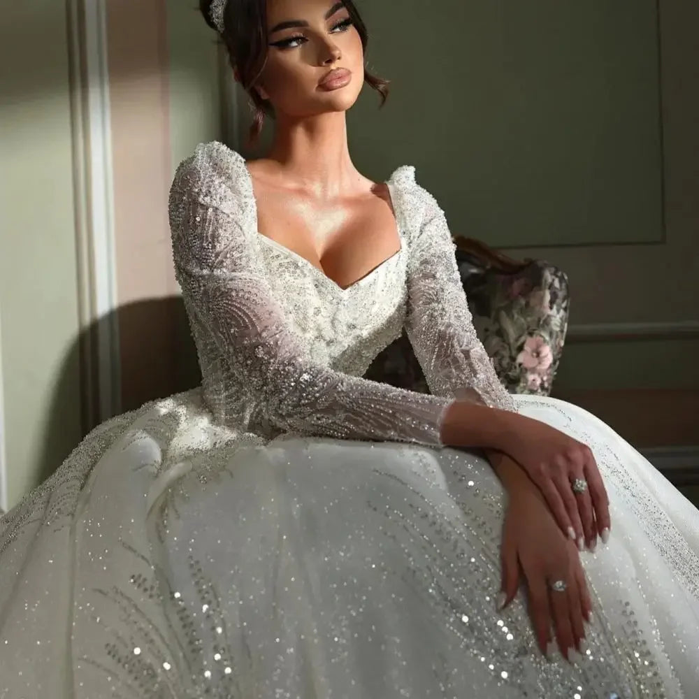 Customized Beaded Long Wedding Dresses 2025 Modest Long Sleeve Bridal Gown Charming Princess Dresses For Bride Vestidos De Noiva