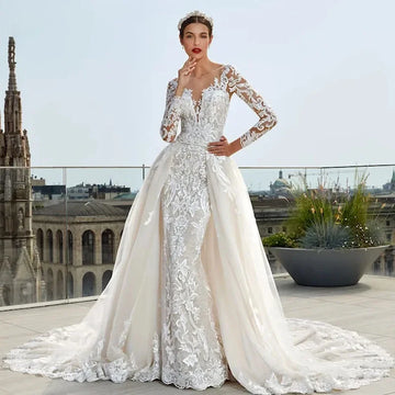 Customised Luxurious Mermaid Lace Appliques Wedding Dresses for Women Detachable Train Robe De Mariee for Brides
