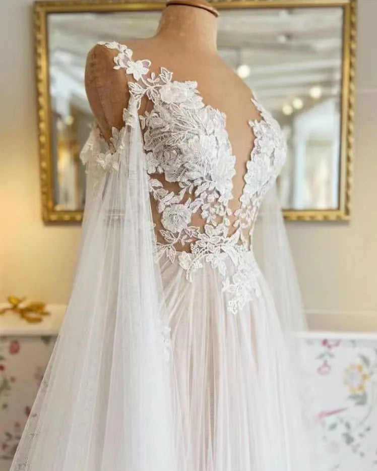 Sexy Illusion Lace Appliques Beach Wedding Dress Boho Detachable Tulle Sleeve Chic Bridal Gowns