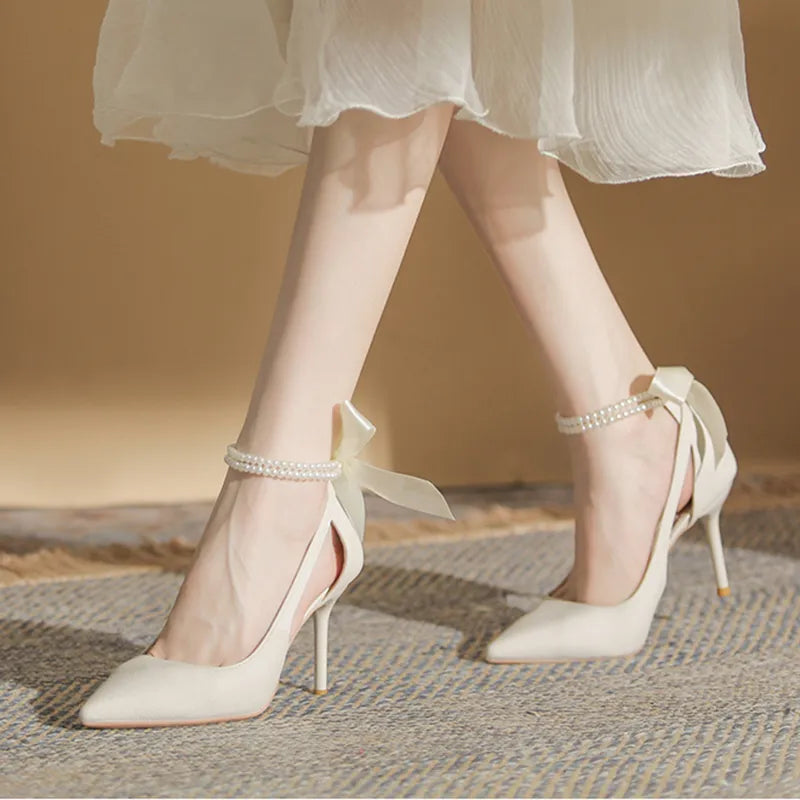 Elegant Ladies White Pearls Ankle Strap Pumps for Wedding Women Silk Back Bowtie High Stiletto Heeled Shoes Woman Spring 2024