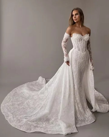 Customized Lace Wedding Dress Long sleeved Luxury Bridal Dress Removable Tail Sexy backless Robe De Mariee vestidos de novia