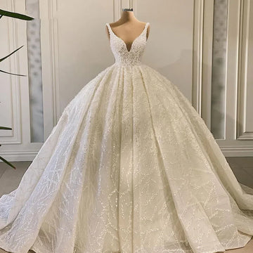Customized V Neck Sleeveless Ball Gown Luxury Wedding Dresses Beaded Sequined Bridal Gowns Princess Vestido De Novia