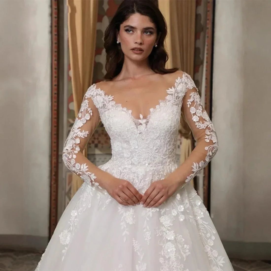 New Church Wedding Dress Sheer Neck 3D Flowers Lace Long Illusion Sleeves Bride Bridal Gowns Vintage Vestidos De Noiva
