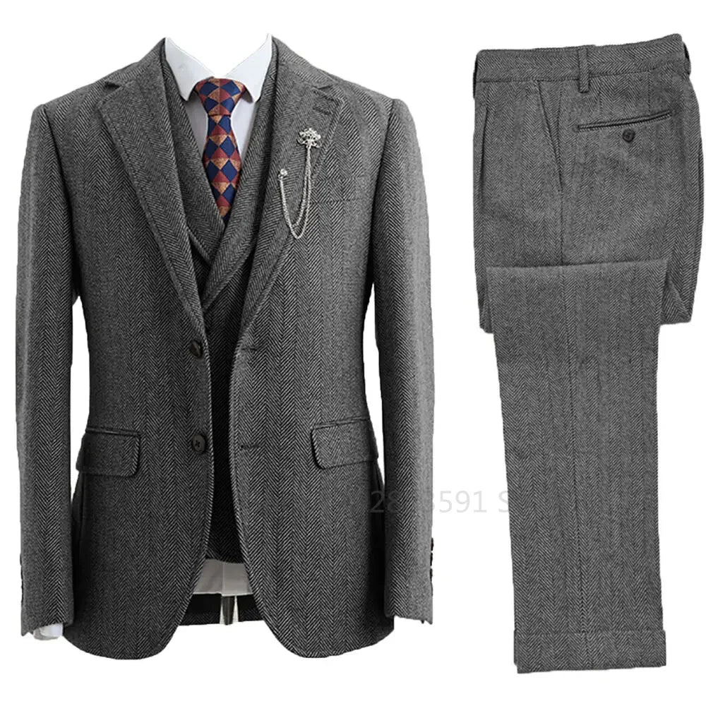 Men 3 Piece Suit Tweed Herringbone Double-Breasted Wedding Tuxedos Size Men Clothing Casual Style Men's Fashion Costume Homme Light Gray