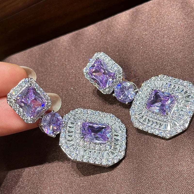 High Quality Purple AAA Zircon Bridal Earrings Cubic Zirconia Wedding Earring For Women Bride Accessories Party Dinner Jewelry