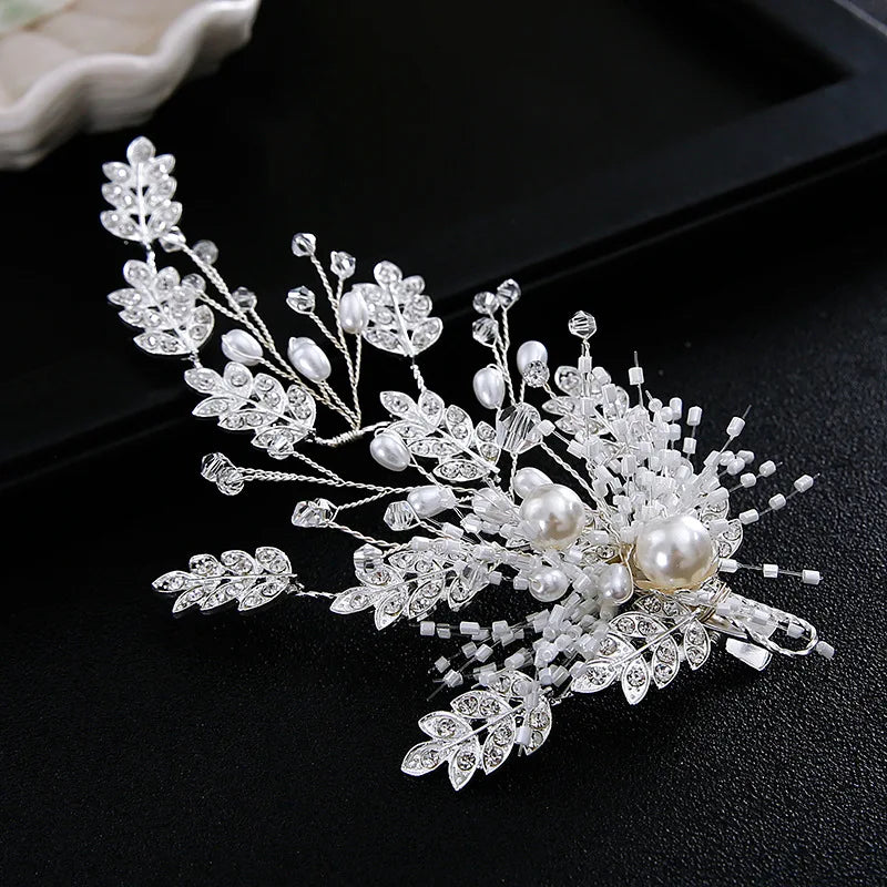 Wedding Accessories Pearl Rhinestones Hair Pin Clip Silver Color Hairpin For Brides Bridesmaids Leaf Head Piece Bridal Jewelry