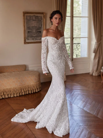 Customized Beaded Lace Mermaid Wedding Dress Long Graceful Off Shoulder Bridal Gown Exquisite Shiny  Dress  Vestido De Noiva