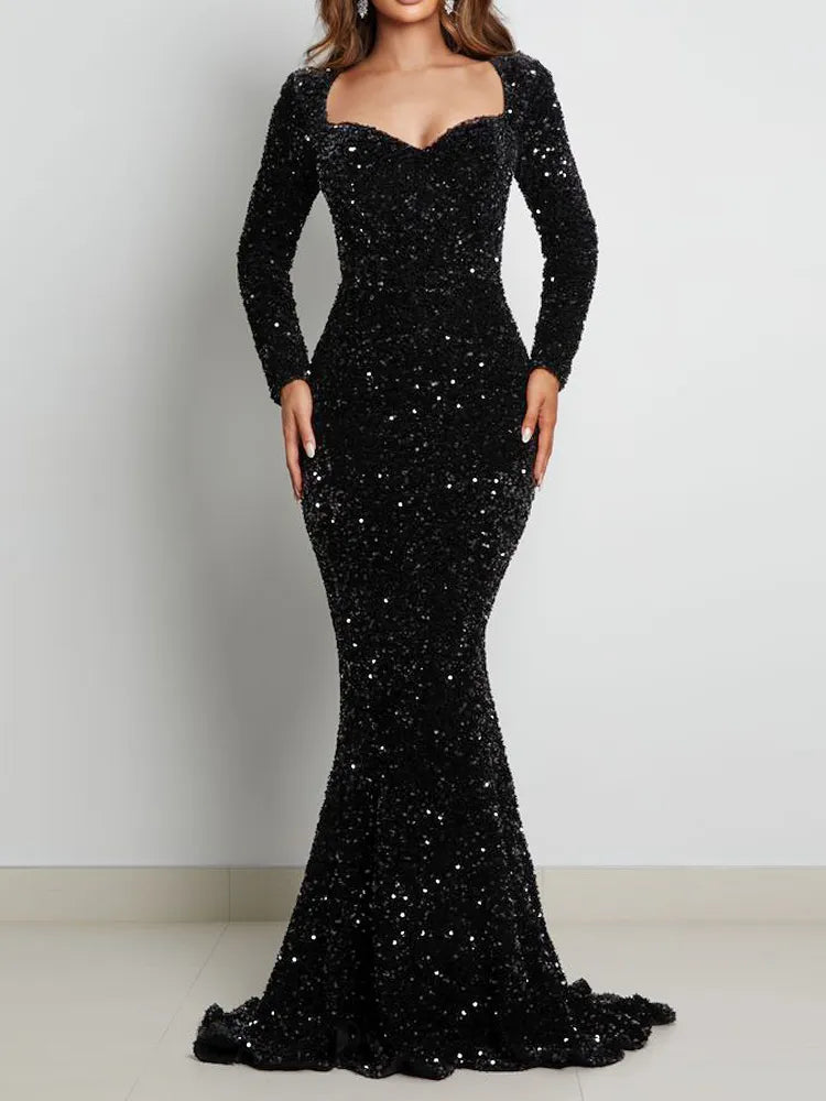 Long Sleeve Padded Sequin Maxi Dress Floor Length Sparkle Stretch V Neck Mermaid Formal Evening Night Party Gown Royal Blue
